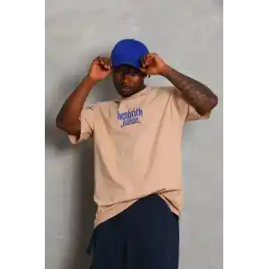 Unisex Oversize Baskılı Bisiklet Yaka T-Shirt - Bej