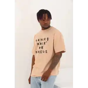 Unisex Oversize Baskılı Bisiklet Yaka T-Shirt - Bej