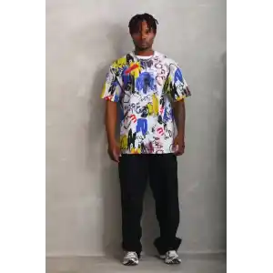 Unisex Oversize Baskılı Bisiklet Yaka T-Shirt - Beyaz