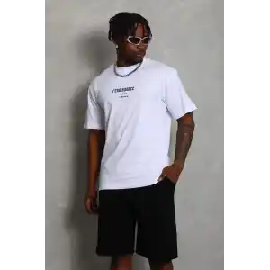 Unisex Oversize Baskılı Bisiklet Yaka T-Shirt - Beyaz