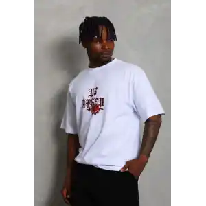 Unisex Oversize Baskılı Bisiklet Yaka T-Shirt - Beyaz