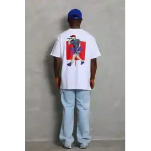 Unisex Oversize Baskılı Bisiklet Yaka T-Shirt - Beyaz