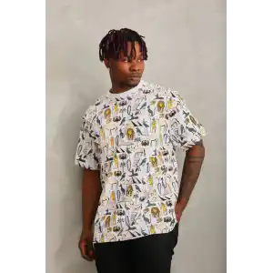 Unisex Oversize Baskılı Bisiklet Yaka T-Shirt - Beyaz