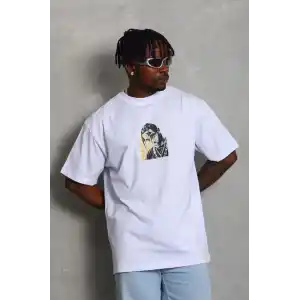 Unisex Oversize Baskılı Bisiklet Yaka T-Shirt - Beyaz