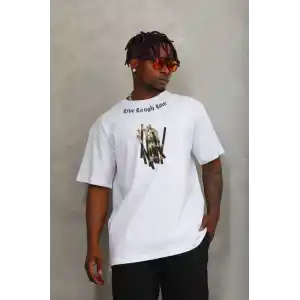 Unisex Oversize Baskılı Bisiklet Yaka T-Shirt - Beyaz