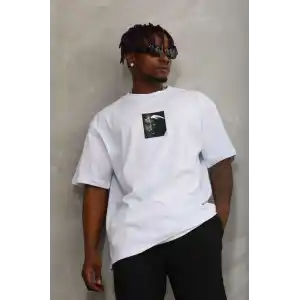 Unisex Oversize Baskılı Bisiklet Yaka T-Shirt - Beyaz