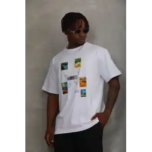 Unisex Oversize Baskılı Bisiklet Yaka T-Shirt - Beyaz