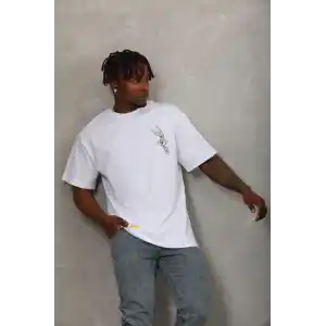 Unisex Oversize Baskılı Bisiklet Yaka T-Shirt - Beyaz