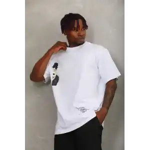 Unisex Oversize Baskılı Bisiklet Yaka T-Shirt - Beyaz