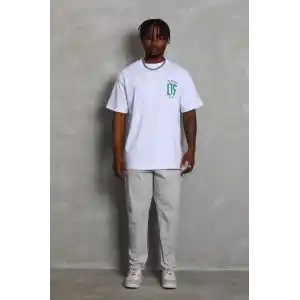 Unisex Oversize Baskılı Bisiklet Yaka T-Shirt - Beyaz