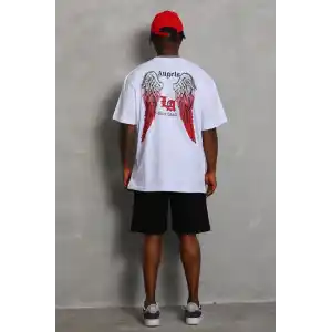 Unisex Oversize Baskılı Bisiklet Yaka T-Shirt - Beyaz