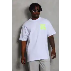 Unisex Oversize Baskılı Bisiklet Yaka T-Shirt - Beyaz