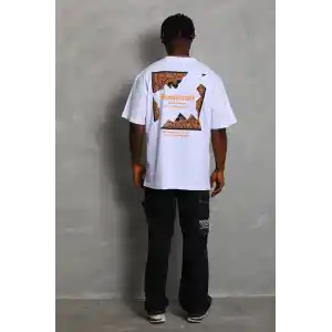 Unisex Oversize Baskılı Bisiklet Yaka T-Shirt - Beyaz