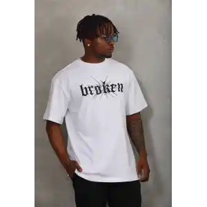 Unisex Oversize Baskılı Bisiklet Yaka T-Shirt - Beyaz