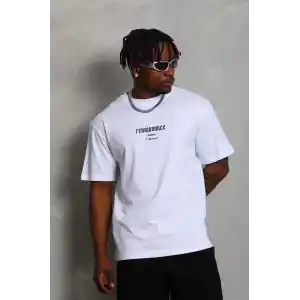 Unisex Oversize Baskılı Bisiklet Yaka T-Shirt - Beyaz