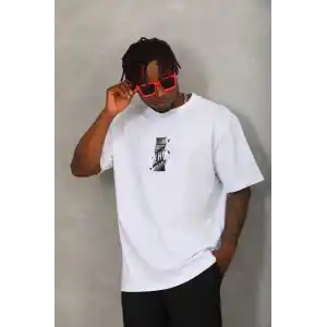 Unisex Oversize Baskılı Bisiklet Yaka T-Shirt - Beyaz