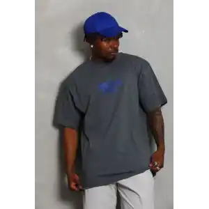 Unisex Oversize Baskılı Bisiklet Yaka T-Shirt - Füme