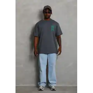 Unisex Oversize Baskılı Bisiklet Yaka T-Shirt - Füme