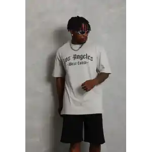 Unisex Oversize Baskılı Bisiklet Yaka T-Shirt - Gri