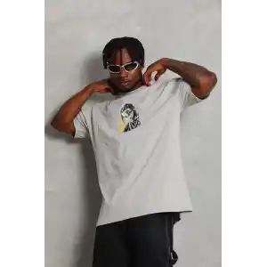 Unisex Oversize Baskılı Bisiklet Yaka T-Shirt - Gri