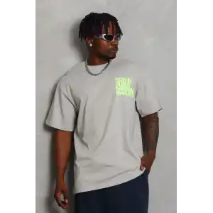 Unisex Oversize Baskılı Bisiklet Yaka T-Shirt - Gri