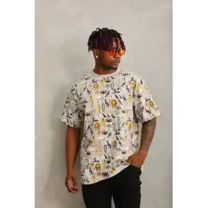 Unisex Oversize Baskılı Bisiklet Yaka T-Shirt - Gri