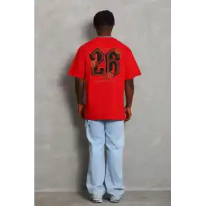 Unisex Oversize Baskılı Bisiklet Yaka T-Shirt - Kırmızı