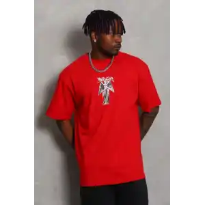 Unisex Oversize Baskılı Bisiklet Yaka T-Shirt - Kırmızı