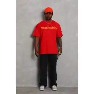 Unisex Oversize Baskılı Bisiklet Yaka T-Shirt - Kırmızı