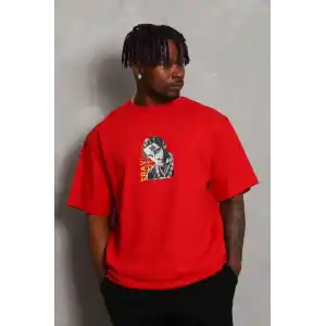 Unisex Oversize Baskılı Bisiklet Yaka T-Shirt - Kırmızı