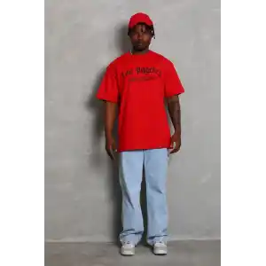 Unisex Oversize Baskılı Bisiklet Yaka T-Shirt - Kırmızı