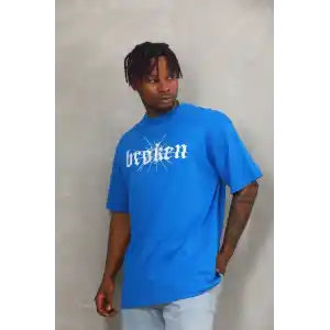 Unisex Oversize Baskılı Bisiklet Yaka T-Shirt - Mavi