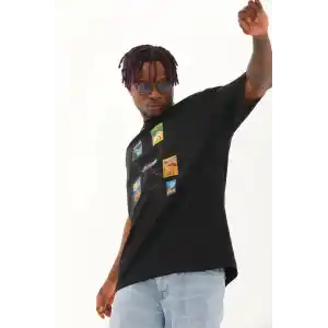 Unisex Oversize Baskılı Bisiklet Yaka T-Shirt - Siyah