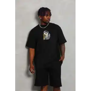 Unisex Oversize Baskılı Bisiklet Yaka T-Shirt - Siyah