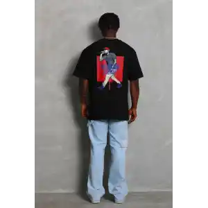 Unisex Oversize Baskılı Bisiklet Yaka T-Shirt - Siyah