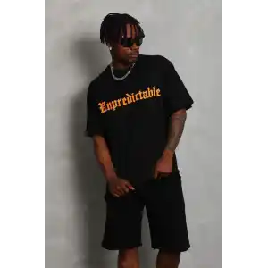 Unisex Oversize Baskılı Bisiklet Yaka T-Shirt - Siyah