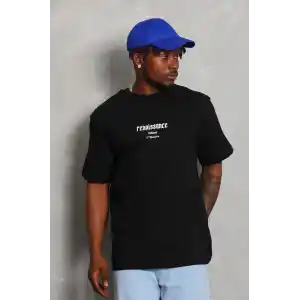 Unisex Oversize Baskılı Bisiklet Yaka T-Shirt - Siyah