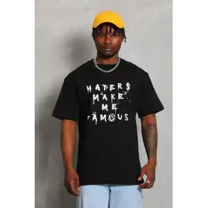 Unisex Oversize Baskılı Bisiklet Yaka T-Shirt - Siyah