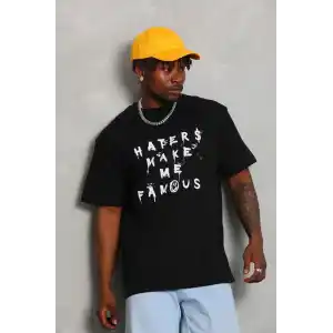 Unisex Oversize Baskılı Bisiklet Yaka T-Shirt - Siyah