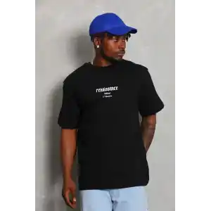 Unisex Oversize Baskılı Bisiklet Yaka T-Shirt - Siyah