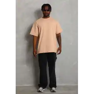 Unisex Oversize Düz Bisiklet Yaka T-Shirt - Bej