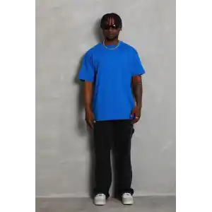 Unisex Oversize Düz Bisiklet Yaka T-Shirt - Mavi