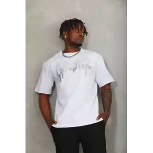 Unisex Oversize Taşlı Bisiklet Yaka T-Shirt - Beyaz