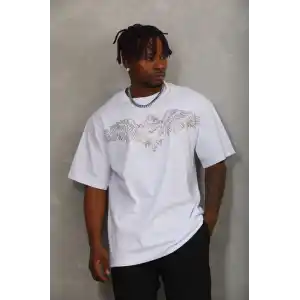 Unisex Oversize Taşlı Bisiklet Yaka T-Shirt - Beyaz