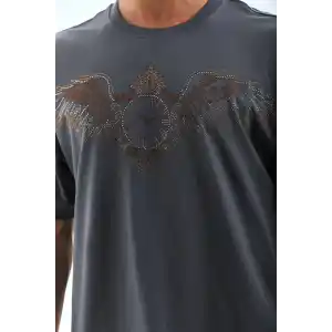 Unisex Oversize Taşlı Bisiklet Yaka T-Shirt - Füme