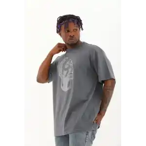 Unisex Oversize Taşlı Bisiklet Yaka T-Shirt - Füme