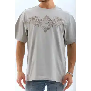 Unisex Oversize Taşlı Bisiklet Yaka T-Shirt - Gri