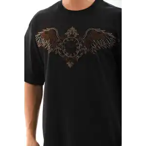 Unisex Oversize Taşlı Bisiklet Yaka T-Shirt - Siyah