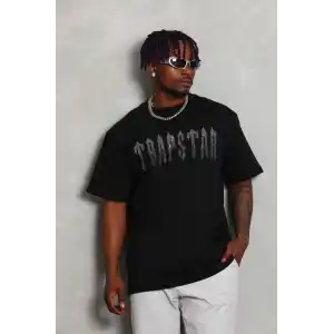 Unisex Oversize Taşlı Bisiklet Yaka T-Shirt - Siyah