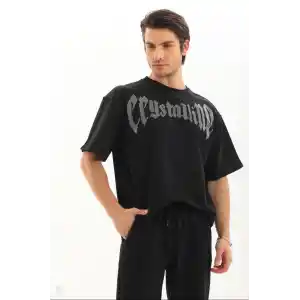 Unisex Oversize Taşlı T-Shirt - Siyah